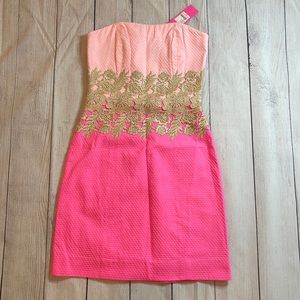 Lilly Pulitzer Strapless Pink and Peach Dress with Gold Embroidery